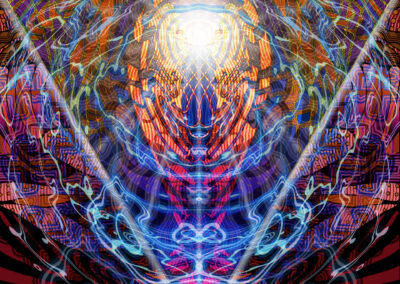 multi-dimensional, luminous rays of light flow through a crystalline window of geometries illuminating a higher truth