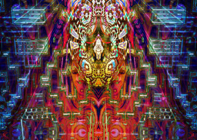 multi-dimensional, luminous rays of light flow through a crystalline window of geometries illuminating a higher truth